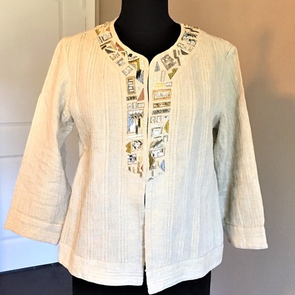 CHICO'S Tan Linen Jacket Top with Embellishments - Picture 3 of 12